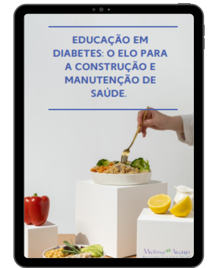 Tablet exibindo a capa do E-book: Educação em diabetes: O elo para a construção e manutenção de saúde.