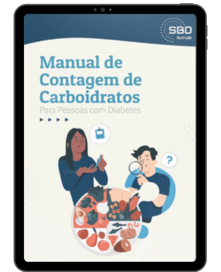 Tablet exibindo a capa do Manual de Contagem de Carboidratos Para Pessoas com Diabetes da SBD
